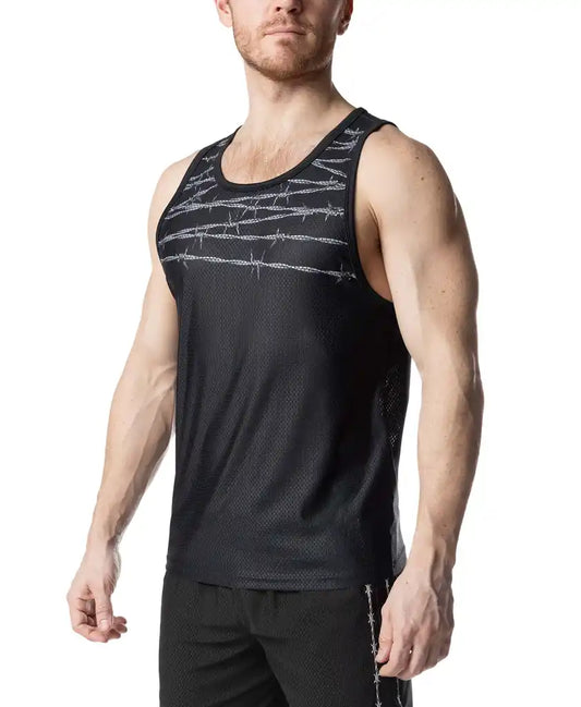 Black athletic tank top with subtle silver barbed wire pattern across the chest and side seam detailing