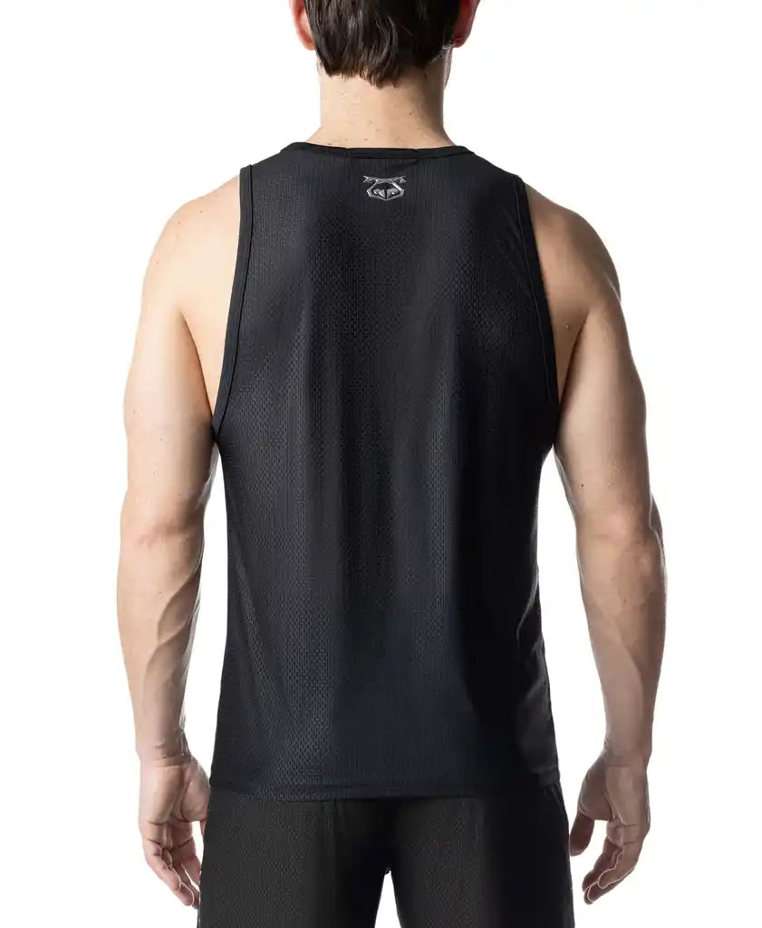 Black mesh barbed wire tank top with small white logo at neckline for athletic and casual wear