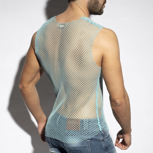 Light blue mesh beachy net tank top with subtle sheen and reinforced shoulder seams for breathable comfort