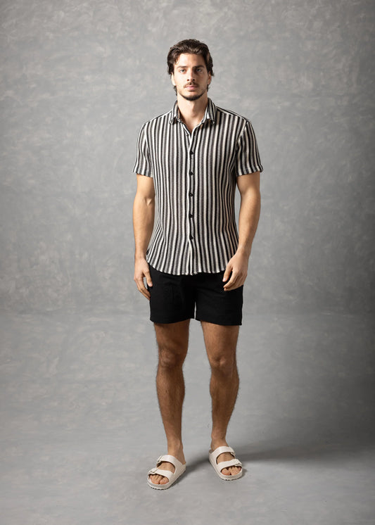 Bespoke Moda Herren-Kurzarmhemd mit strukturierter Streifenoptik - Schwarz
