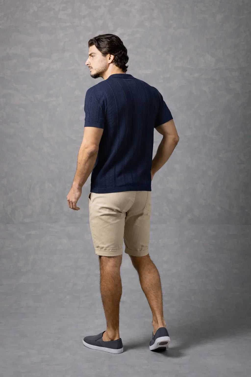 Bespoke Moda Herren-Strickhemd mit Zopfmuster, kurzarm – Marineblau