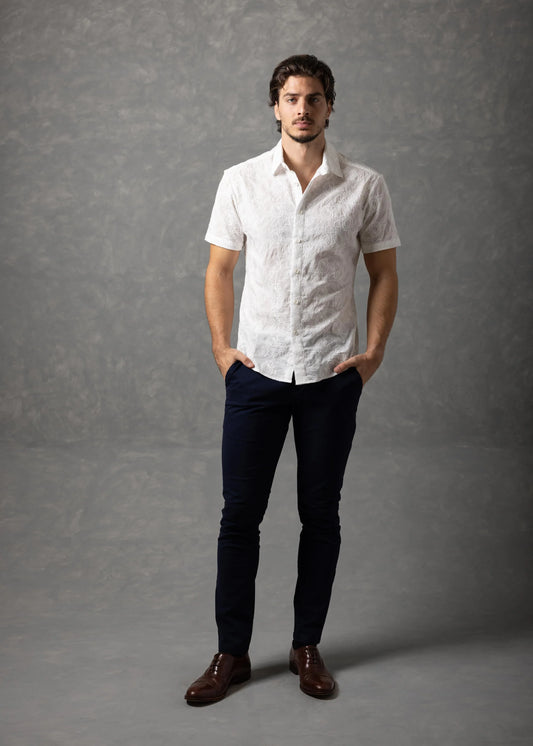 Bespoke Moda Herren-Hemd mit Stickerei und Textur, kurzärmelig - Weiß