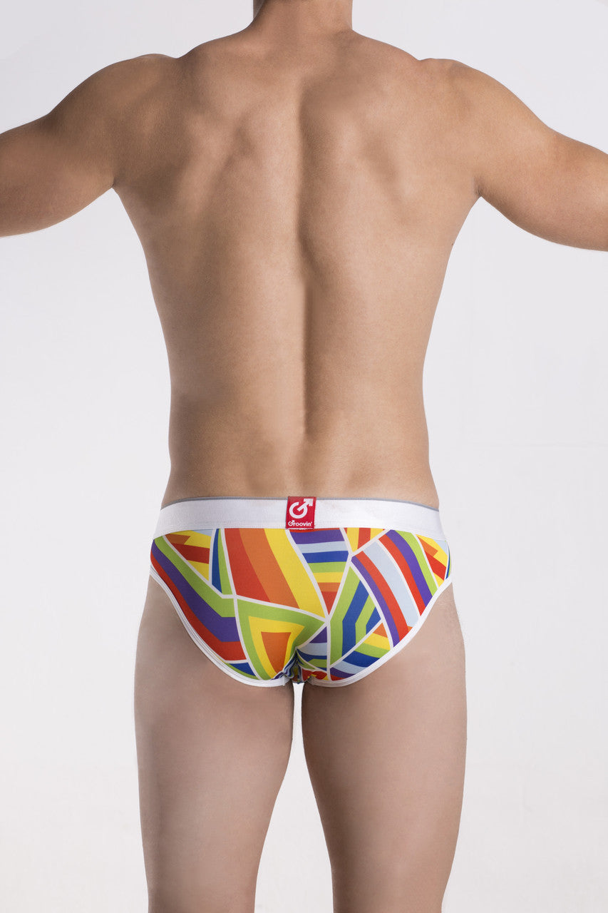 Groovin underwear prism hip brief bfp1701 with vibrant rainbow geometric pattern and white elastic waistband