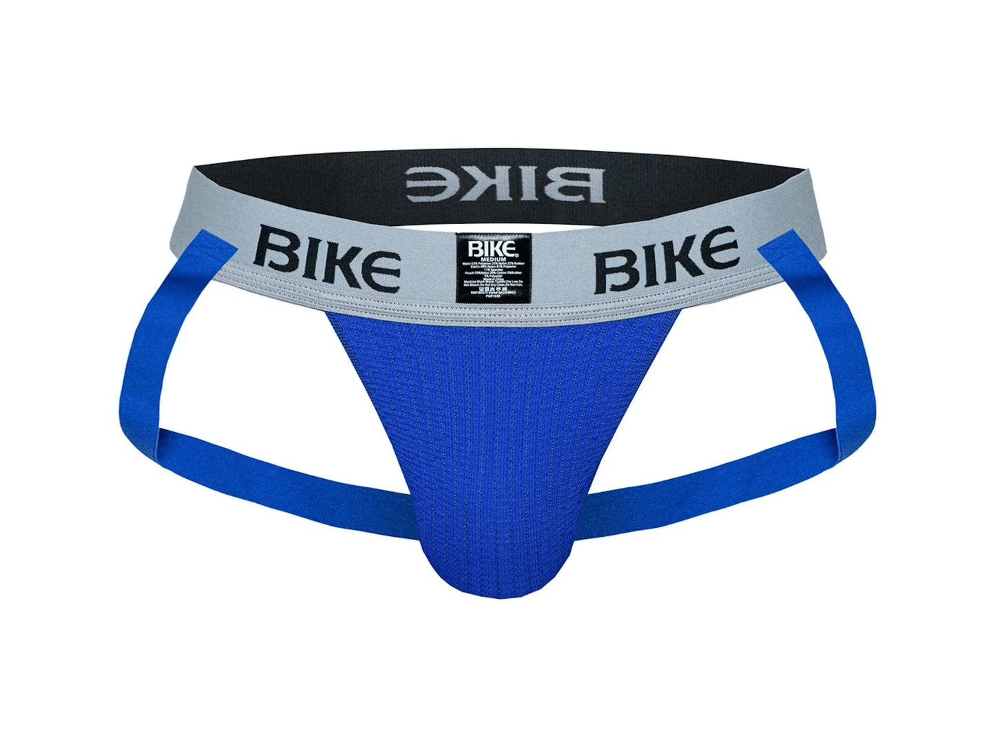 Blue bike brand athletic briefs with a gray and black waistband featuring the bold bike logo in the bike classic jockstrap product