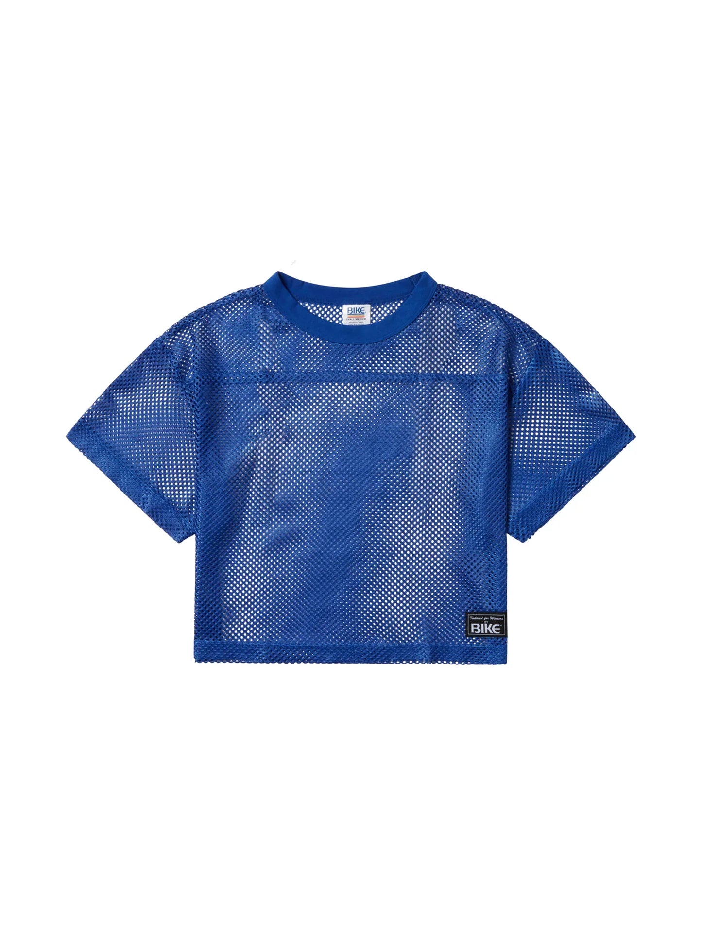 Blue mesh crop top with short sleeves and crew neck featuring black brand labels from BIKE practice jersey collection