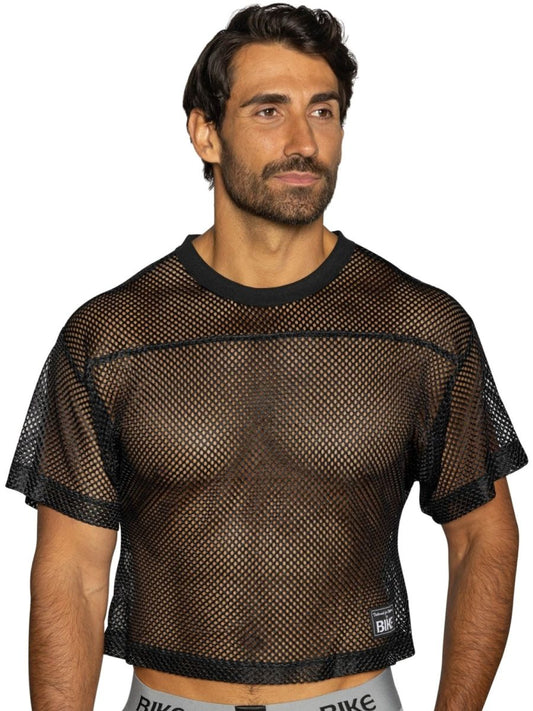 Bike athletic bam134 short sleeve practice jersey in bold black with black mesh crop top and ribbed neckline