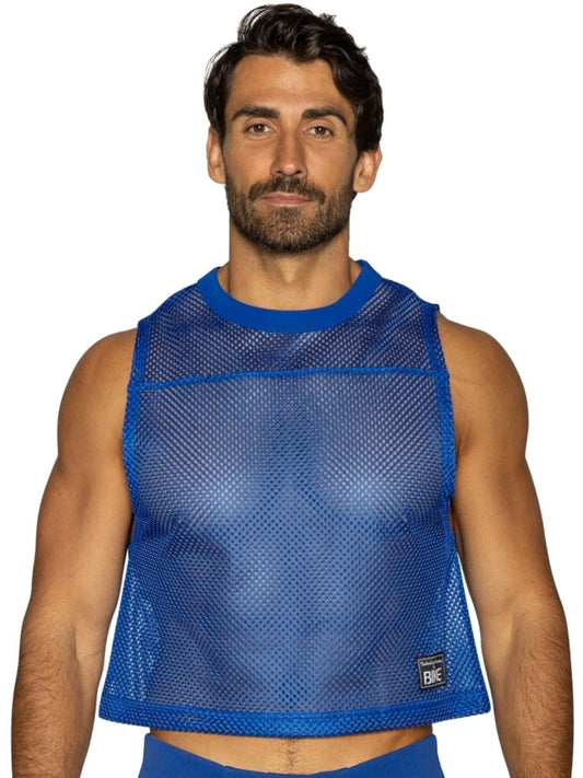 Blue mesh crop top sleeveless practice jersey with solid ribbed neckline and hem in vibrant royal blue by BIKE Athletic