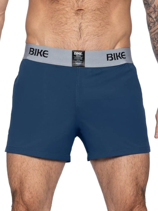 Blue bike athletic bam216 performance jock short boxer briefs with gray waistband and black bike logo in navy