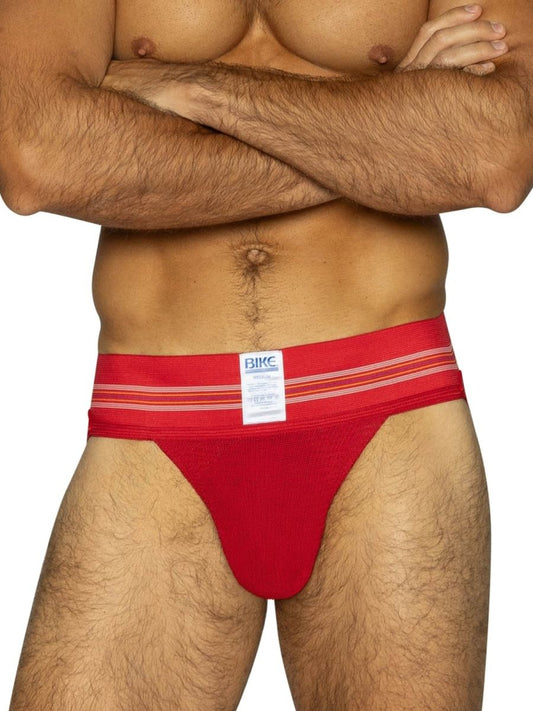 Red bikc brand athletic briefs with white horizontal stripes on waistband from the bike athletic bas306 jockstrap line
