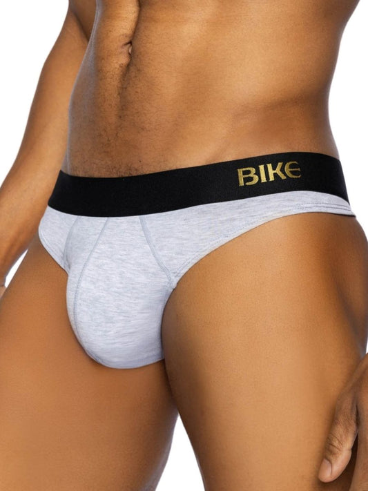 Gray heathered BIKE athletic active thong with black waistband and gold bike lettering for active wear