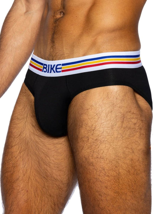 Black bike athletic bas327 stretch cotton briefs with white waistband and multicolor stripes for active wear