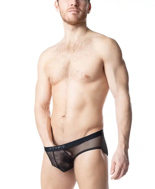 Black mesh blur bikini brief with solid black waistband featuring stypig logo designed for comfort and style