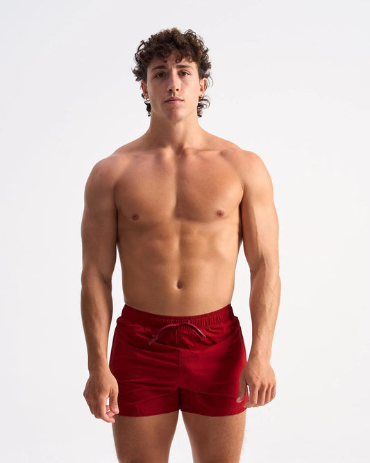 Bolt 3 inch short red velvet swim trunks with drawstring waistband for comfortable beachwear