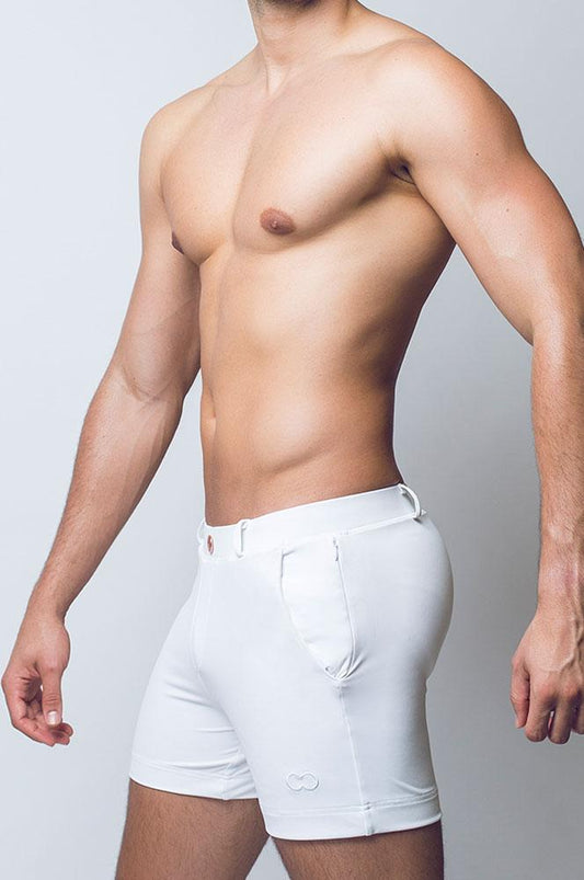 Bondi short white athletic shorts with sleek form-fitting design and subtle branding on the lower left leg