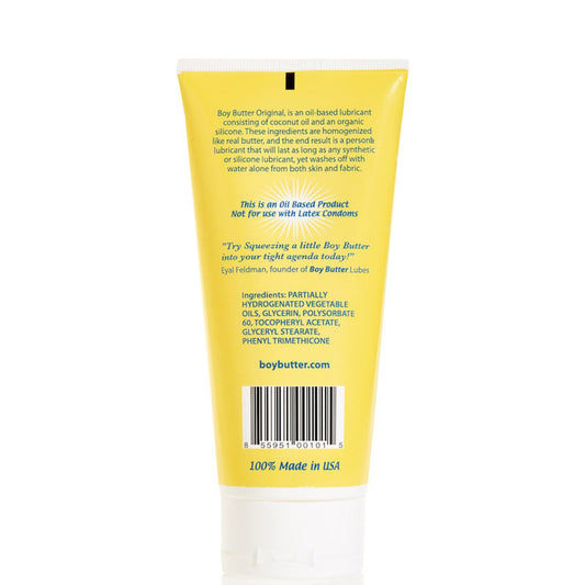 Bright yellow tube of Boy Butter original oil-based lubricant with white cap and black barcode for personal use