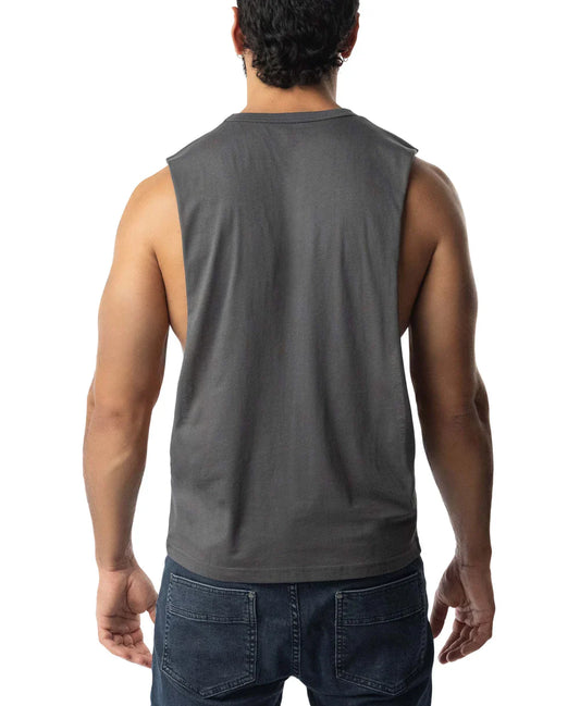 Brandmark shredder tank top 3.0 is a dark gray sleeveless muscle tank with a crew neckline and relaxed fit