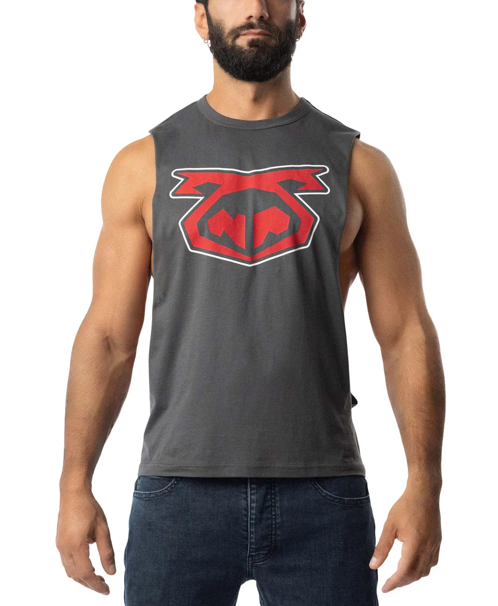Dark gray sleeveless muscle tank top with bold red and white graphic logo on chest for BRANDMARK Shredder Tank Top 3.0