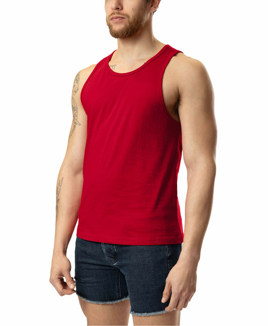 Red sleeveless tank top brandmark tank with simple round neckline and smooth fabric for casual wear