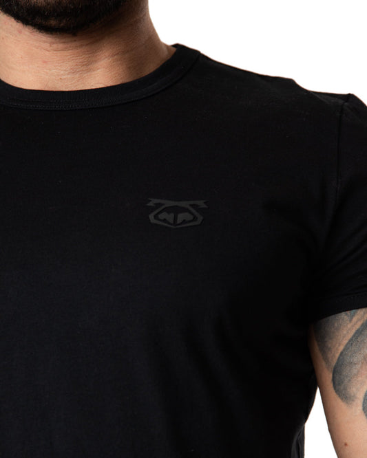 Black crew-neck brandmark tee with subtle dark gray logo on left chest made of soft cotton material