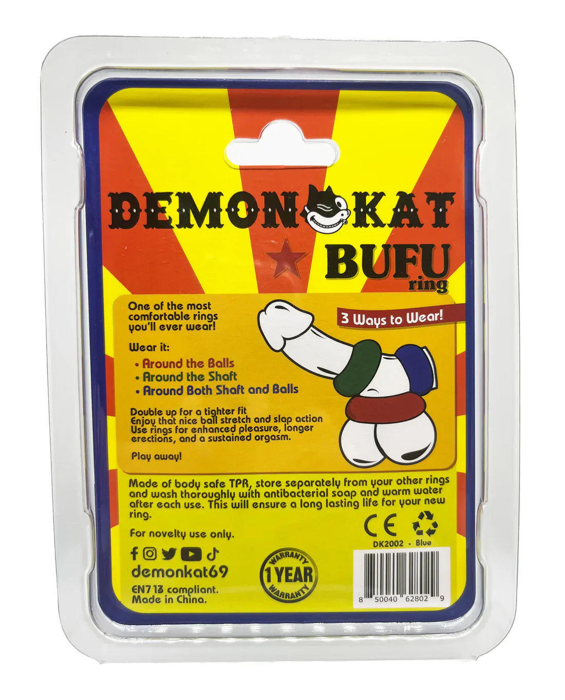 Demonkat bufu ring tpr sex toy with colorful cartoon packaging and three versatile wearing options