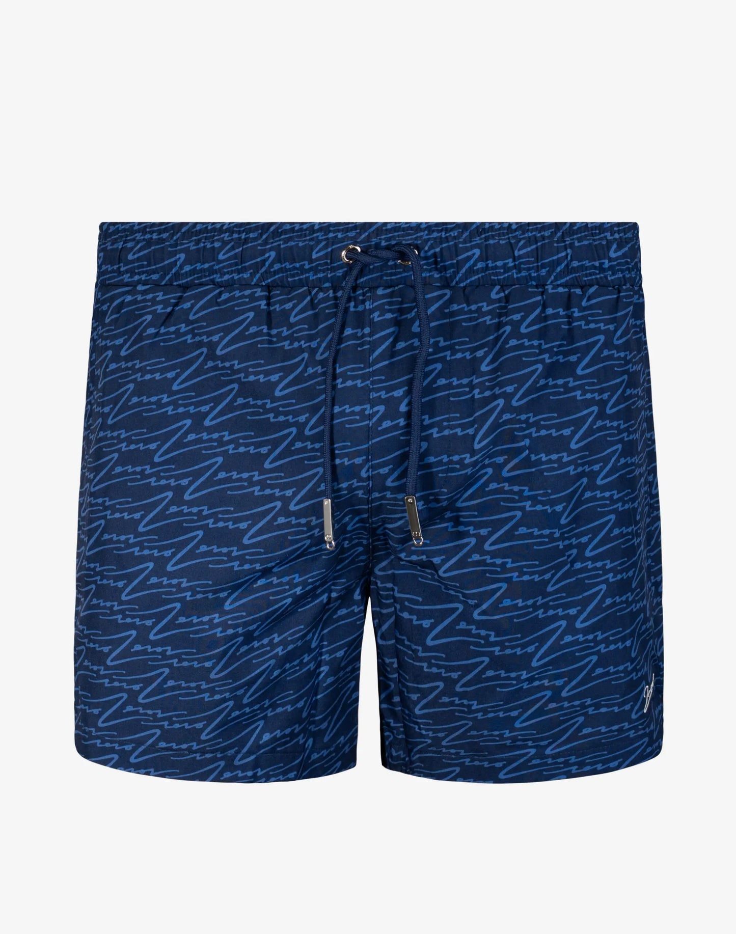 Navy blue Byron swim short with light blue cursive script pattern designed for comfortable beachwear