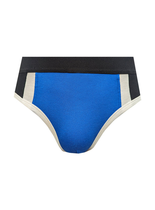 Blue Basix Comfort Jock athletic briefs with black waistband and white side stripes designed for active support