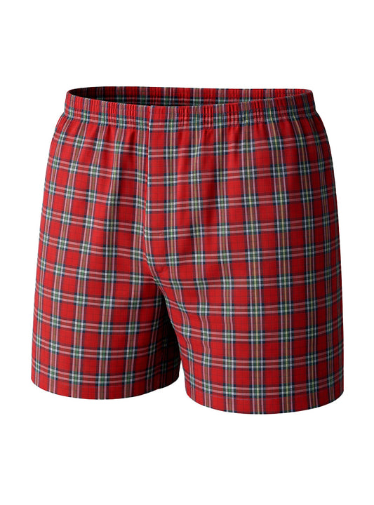 Big mans woven boxer red plaid broadcloth shorts with elastic waistband and green white and black lines in 2-pack