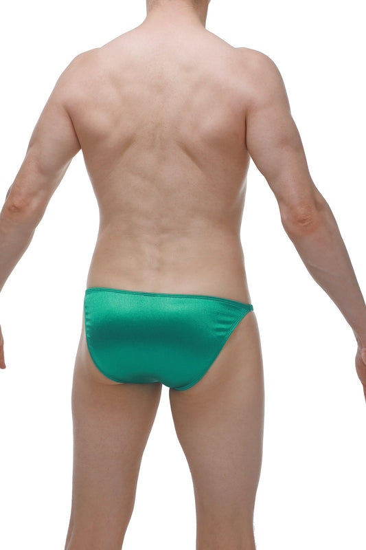 A sleek emerald green satin bikini lhery satin green brief with a smooth glossy finish and tailored fit