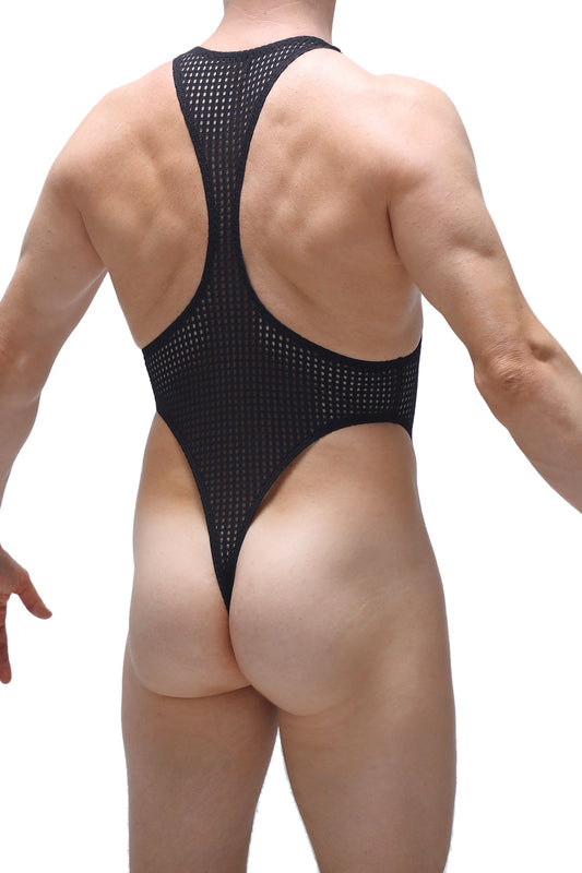 Black mesh one-piece swimsuit bodythong journy durtol black with high-cut leg design and racerback straps