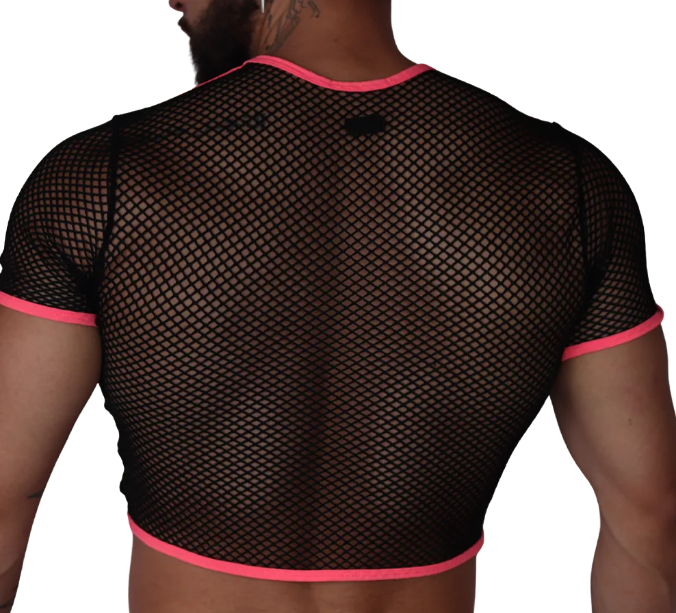 Back view of Gigo fuchsia and black mesh fishnet crop top with vibrant pink trim edges.