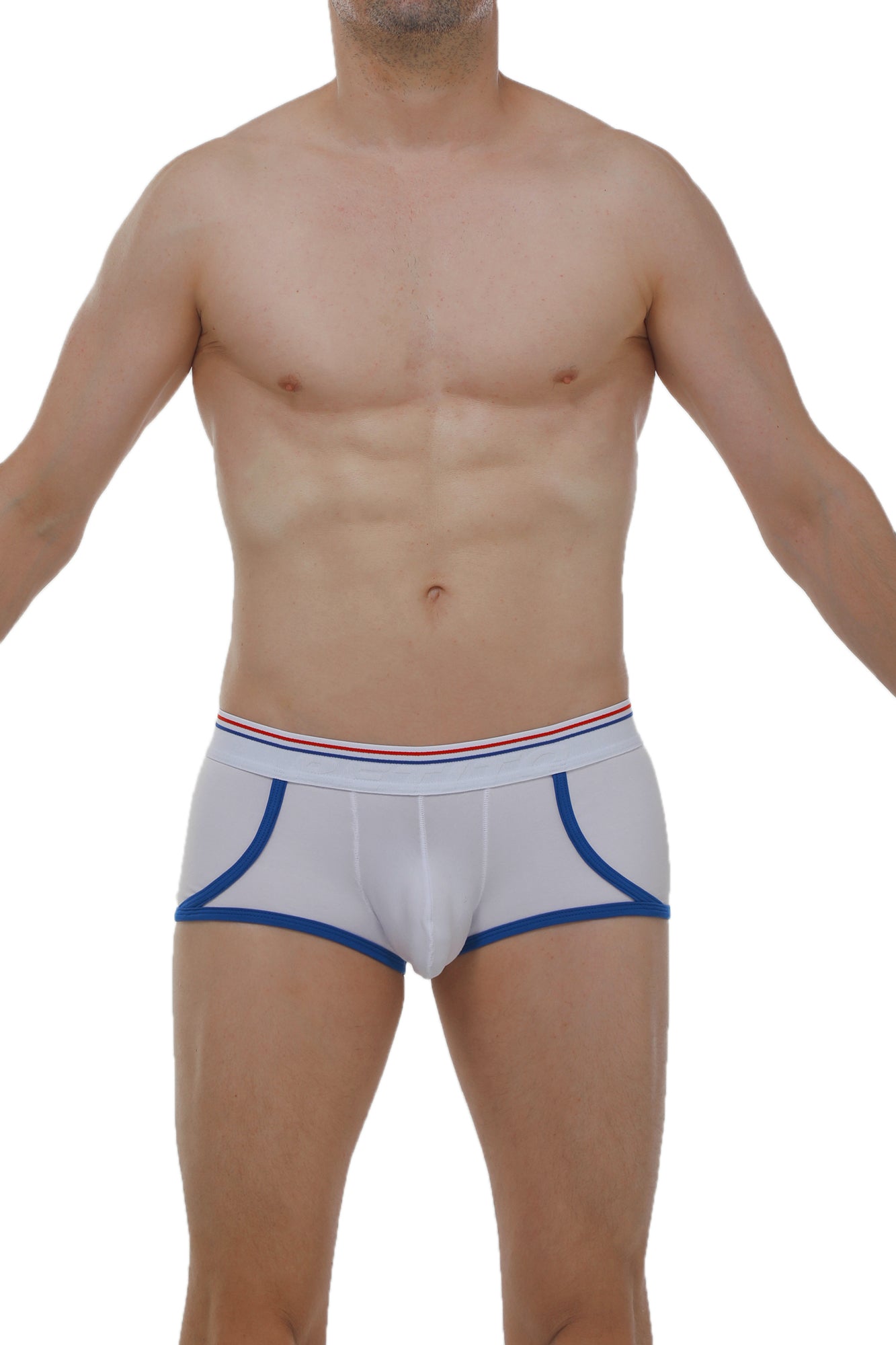 Boxer morrier white men’s briefs with blue trim and red white and blue striped waistband for comfortable wear