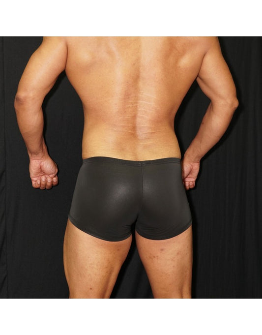 Black eco-leather men's boxer underwear by Arroyman featuring a snug fit and smooth texture shown from the back.