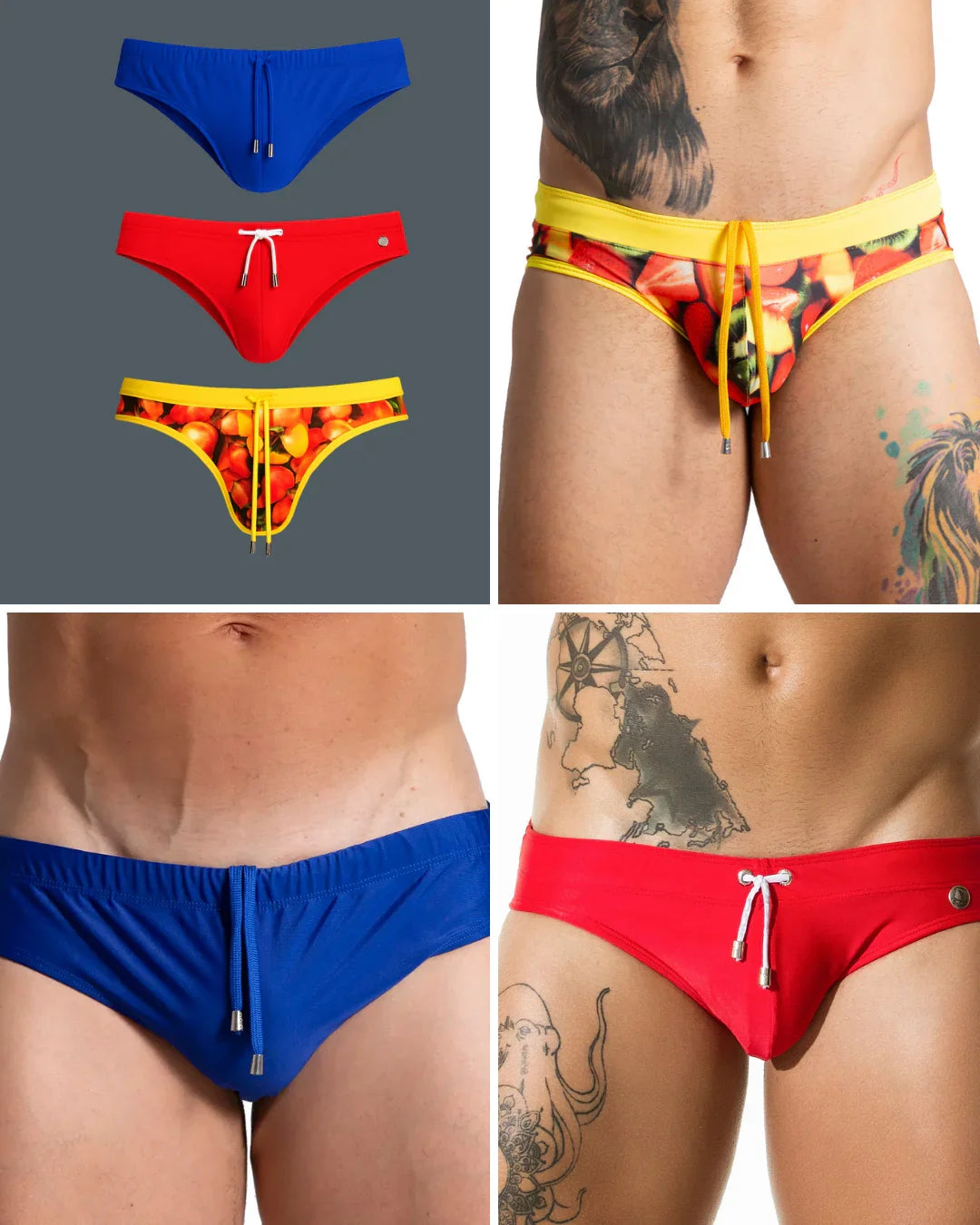Trio of men's swim briefs in blue, red, and tropical print, featuring elastic waistbands and drawstring cords.