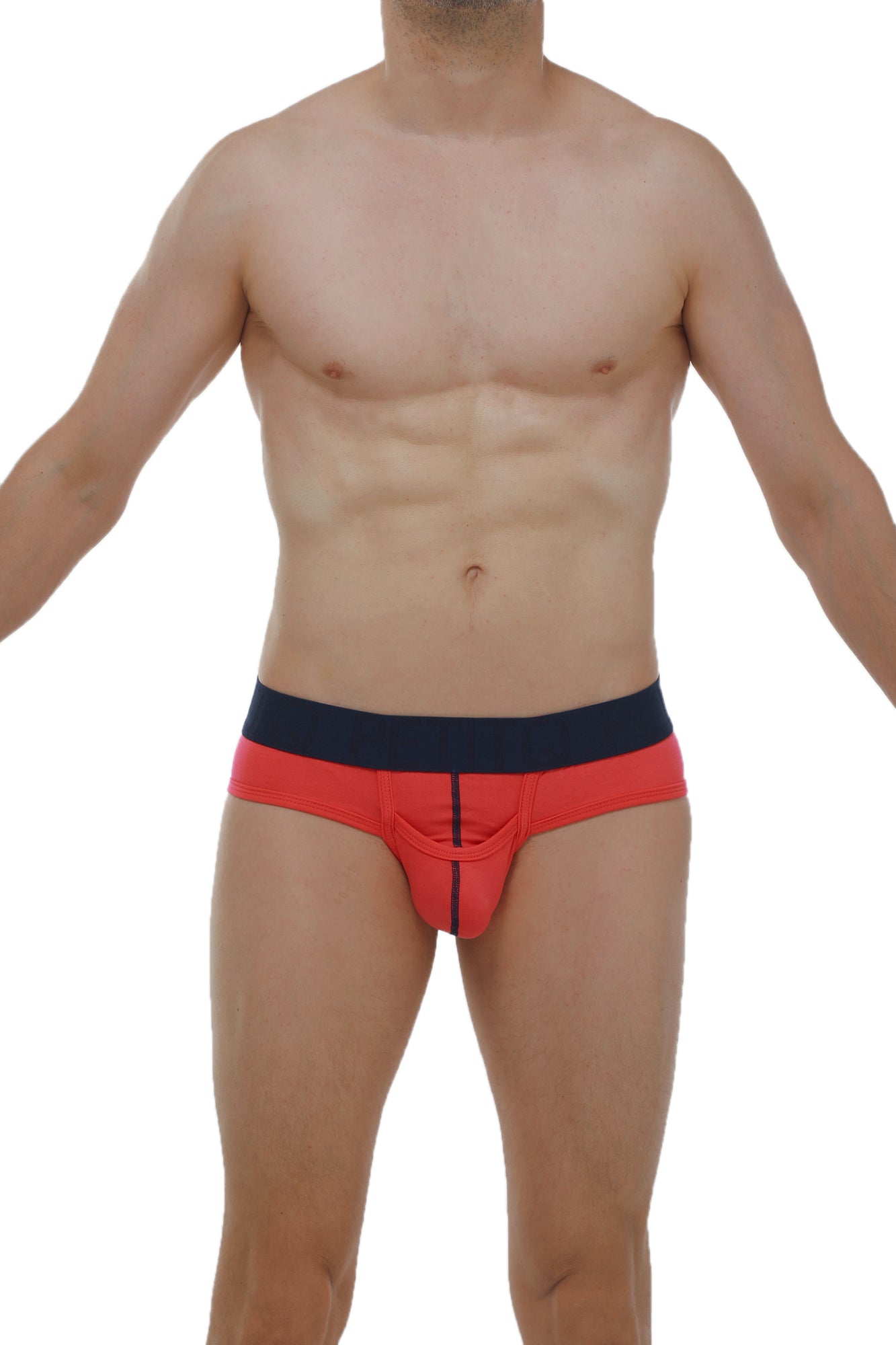 Red and navy blue modal athletic briefs with central seam detail from Brief Paliz modal fuchsia collection