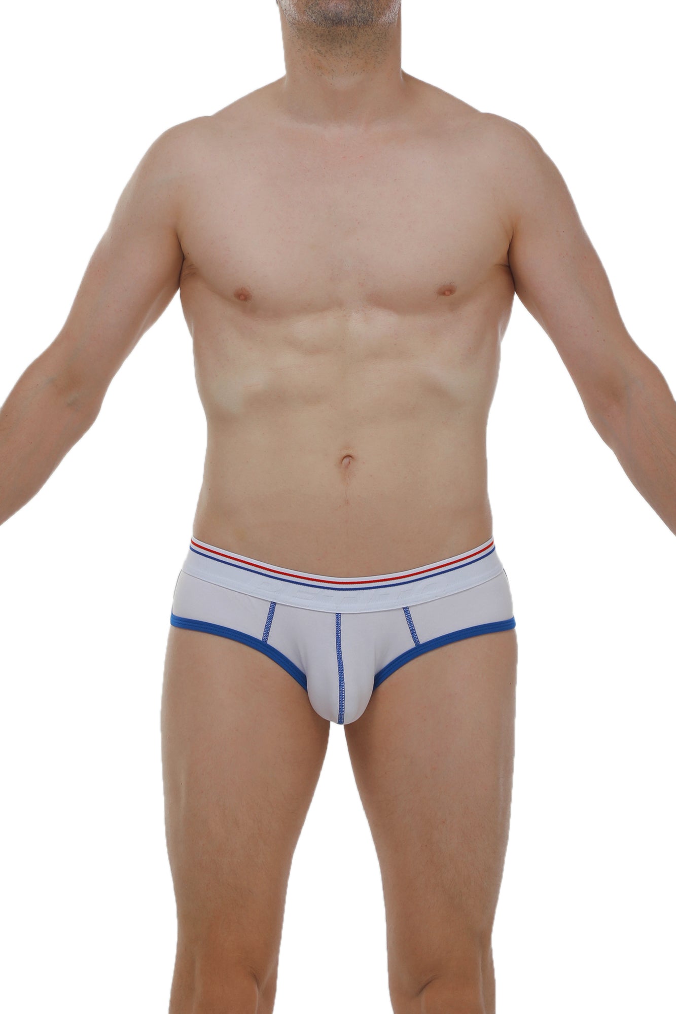 Brief retro modal white light gray briefs with blue trim and a red white and blue striped waistband for comfort