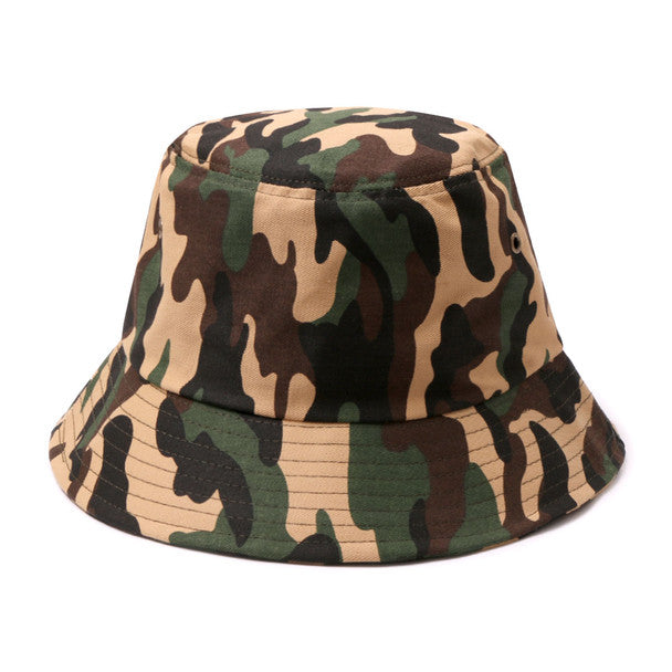 Canvas bucket hat with classic camouflage pattern in earthy greens browns and tan made from durable canvas material