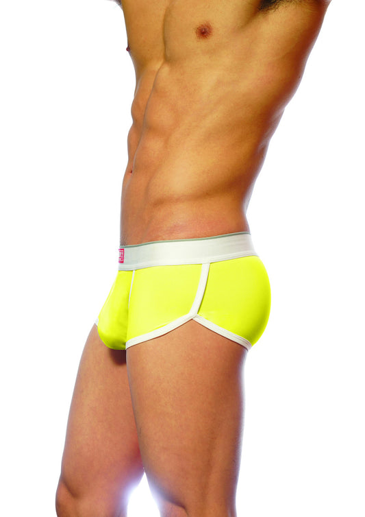 Bright neon yellow ventilated cup boxer briefs with white trim and gray waistband groovin underwear cb1603
