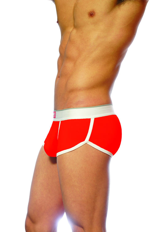 Red briefs groovin underwear ventilated cup boxer in red with white trim and a white waistband for breathability
