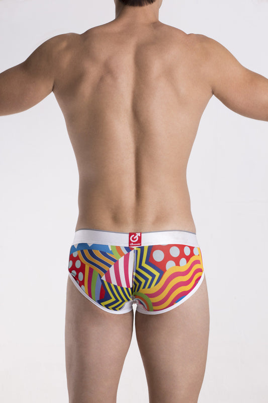 Vibrant multicolored groovin’ underwear pop art cup boxer cbp1702 with bold geometric and abstract patterns in red yellow blue green and white
