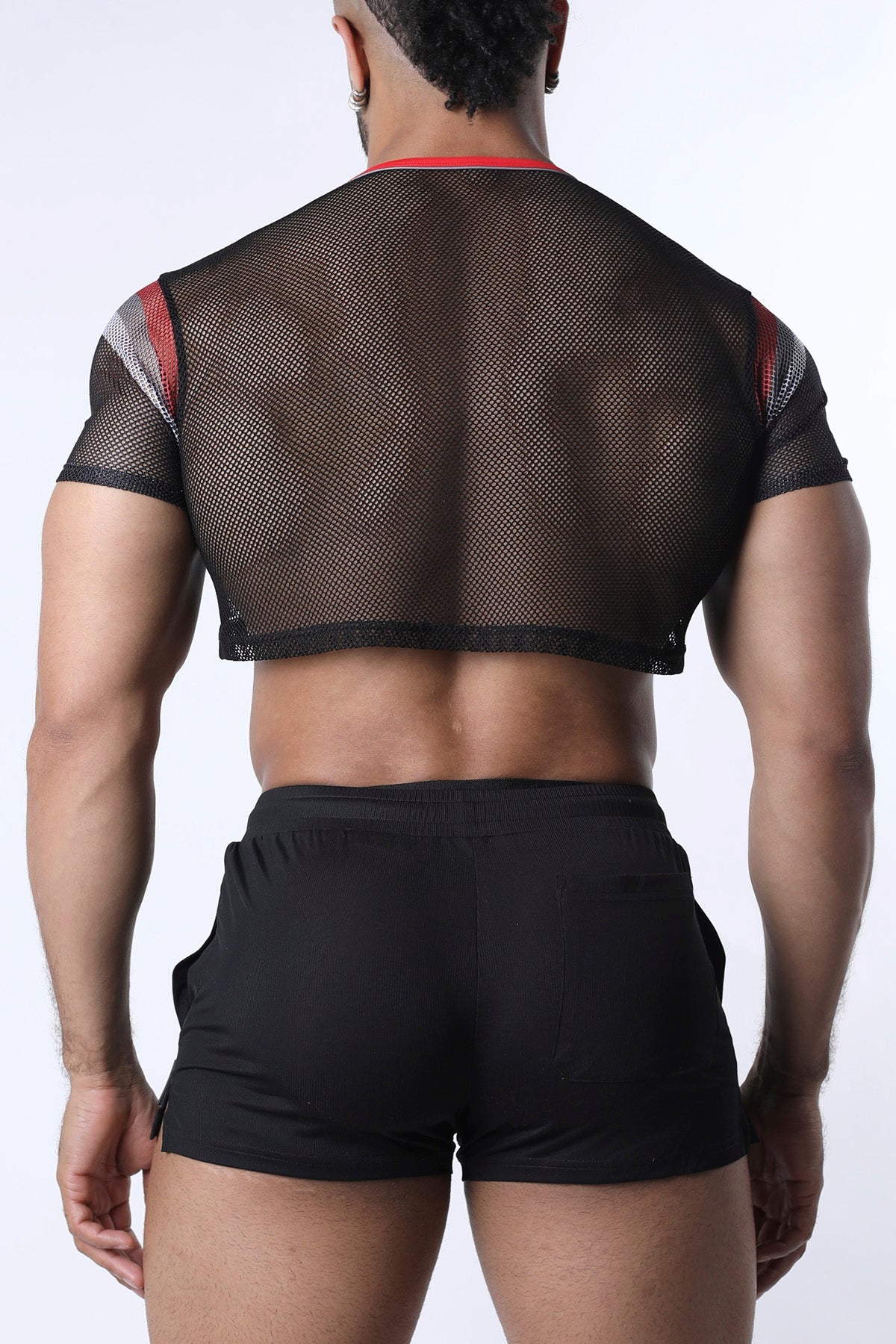 Chain reaction mesh crop top black mesh fabric with red and gray striped shoulder accents for a stylish look