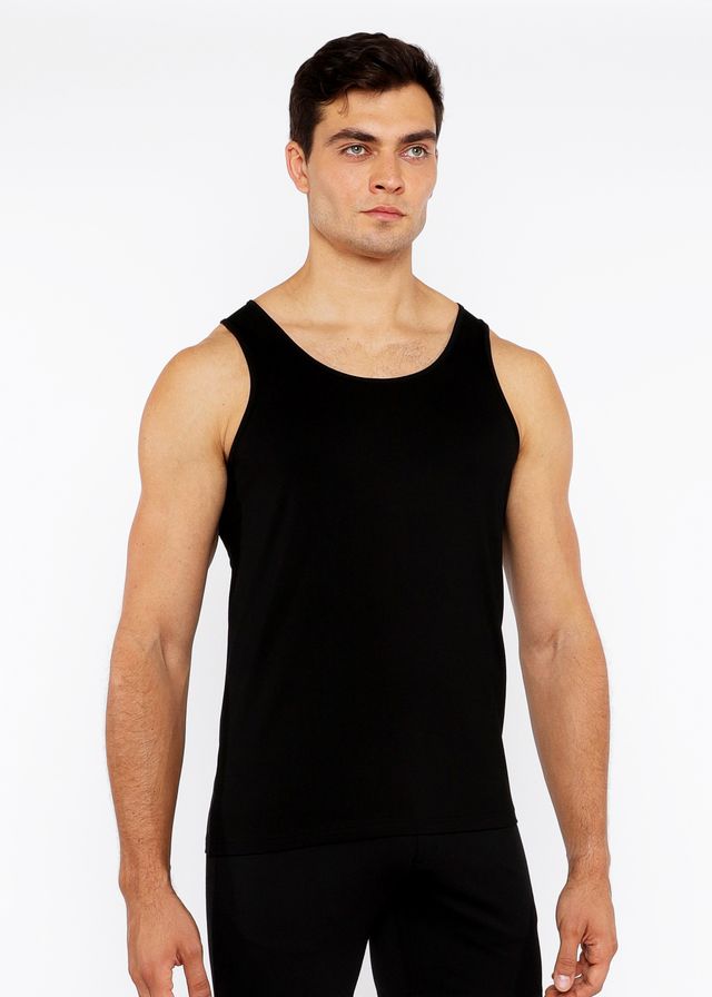 Black sleeveless circle spine laser cut stretch jersey tank top with rounded neckline and smooth form-fitting fabric