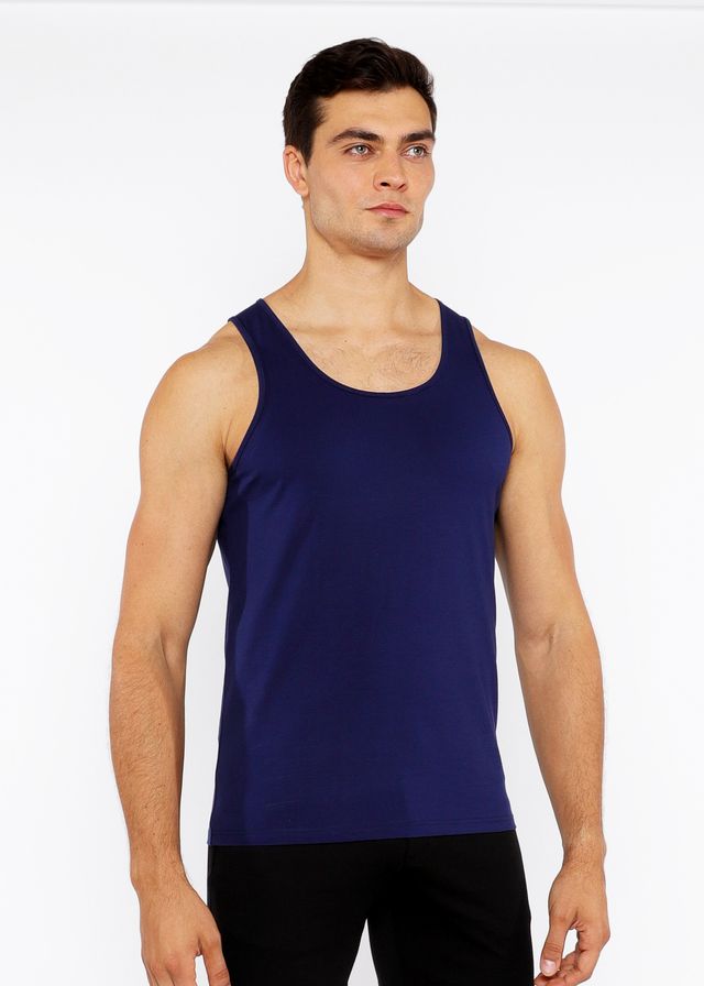 Navy blue sleeveless tank top made of stretch jersey with circle spine laser cut detail