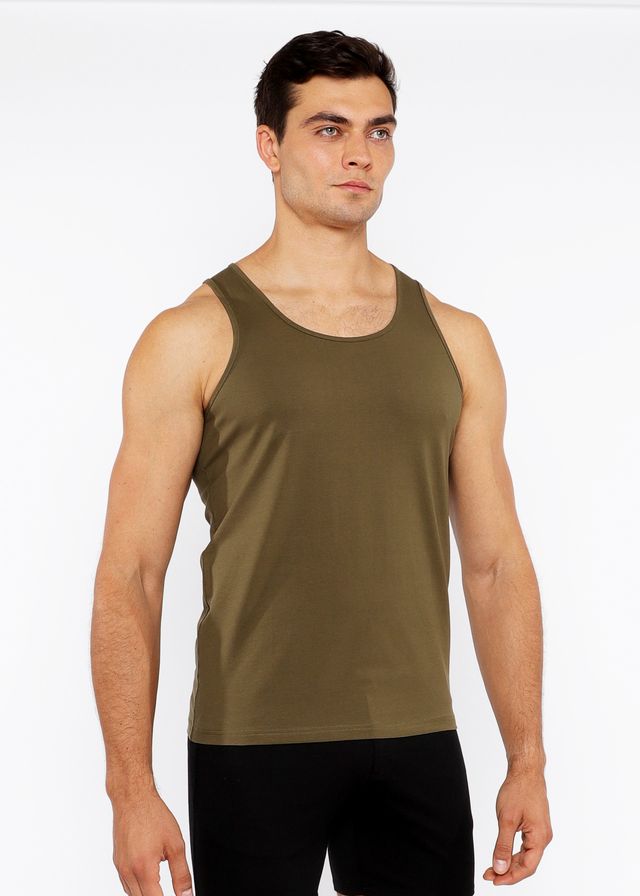 Olive green sleeveless athletic tank top with circle spine laser cut stretch jersey fabric and rounded neckline