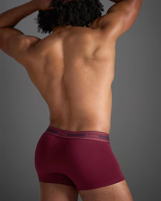 Maroon classic cotton trunk boxer briefs with matching elastic waistband featuring teamms brand logo