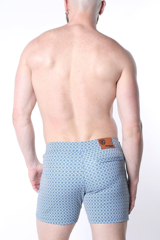Clemente swim short limited edition blue patterned swim trunks with subtle geometric design and brown leather patch