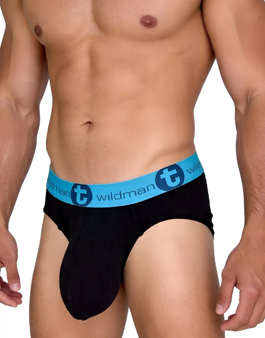 WildmanT Big Boy pouch briefs in black cotton with a bright blue elastic waistband featuring the WildmanT logo.