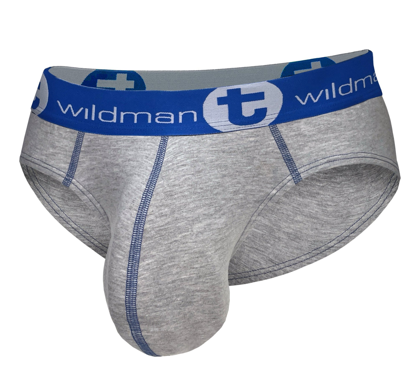 Gray cotton briefs with a blue Big Boy pouch, contrast stitching, and a blue waistband featuring the WildmanT logo.