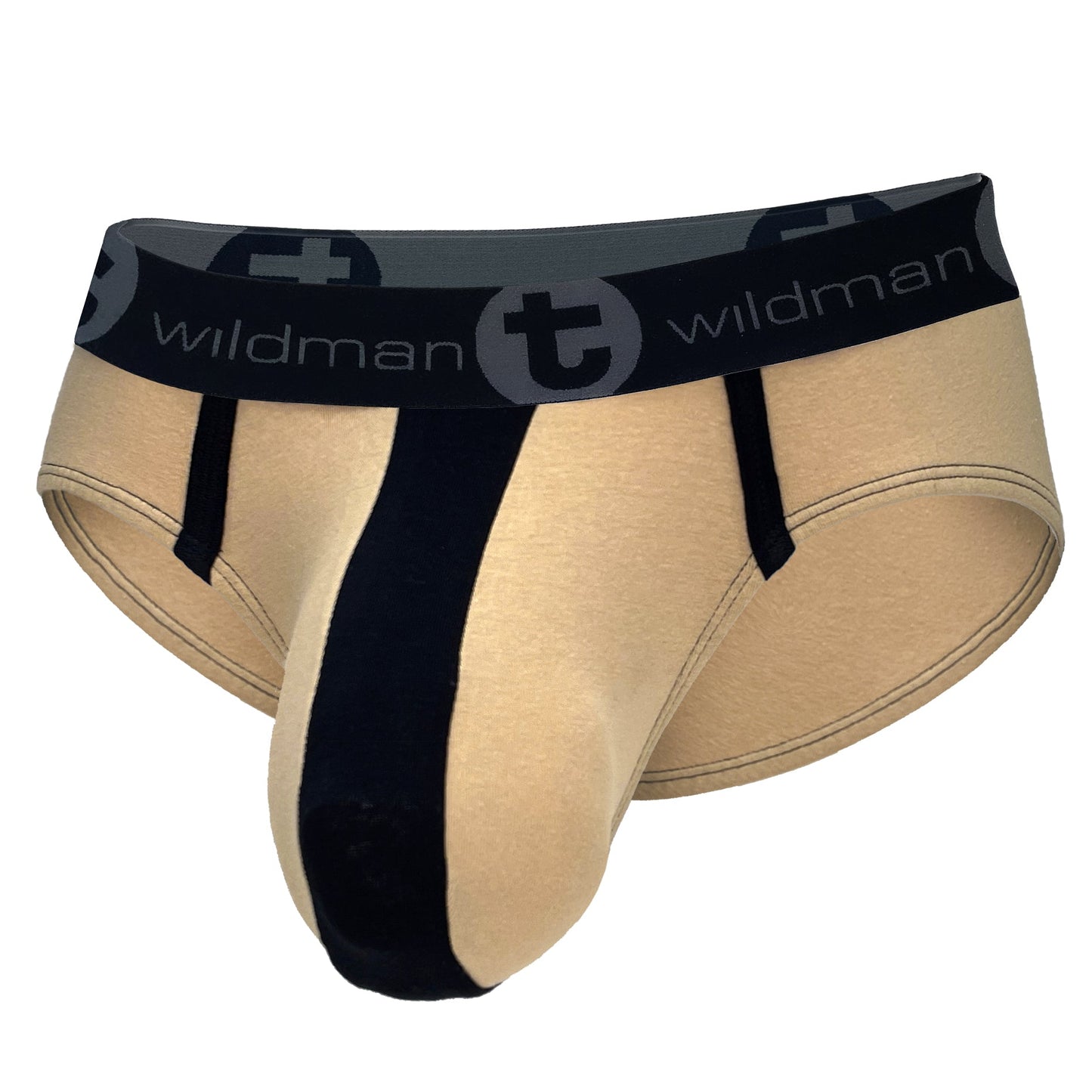 Tan cotton brief with a black vertical front stripe, pouch design, and black branded elastic waistband.