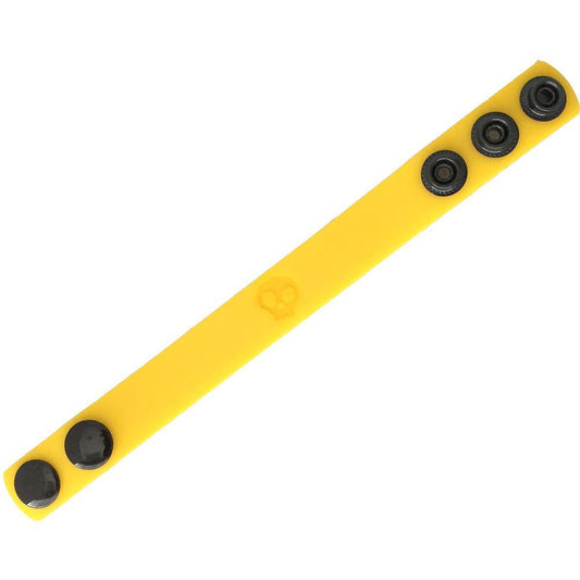 Bright yellow silicone cock strap wristband with four black snap buttons and subtle embossed logo