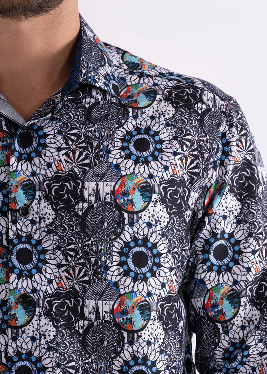 Colored shapes print l/s shirt with bold black and white floral pattern and colorful blue green orange red circular accents